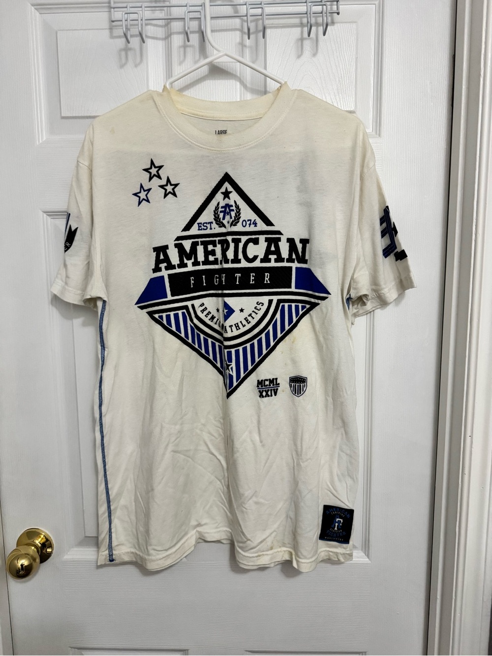 American Fighter Cream Short Sleeve Tee with Blue Graphic